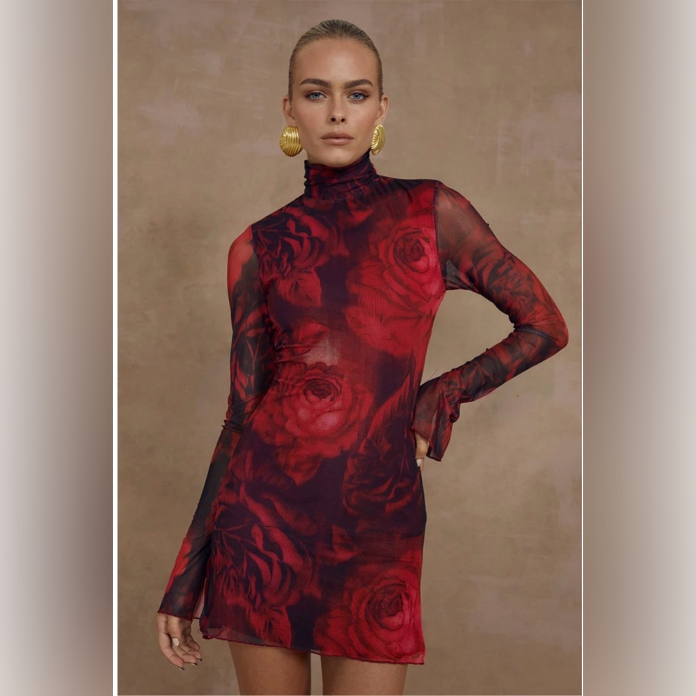 Red Floral Long Sleeve Mini Dress
